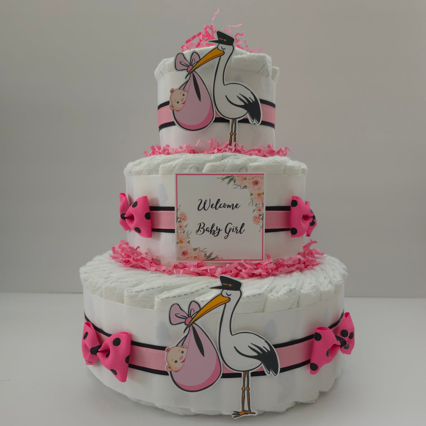 Stork Baby SHower DIaper Cake Gift Centerpiece Newborn Baby Girl Party