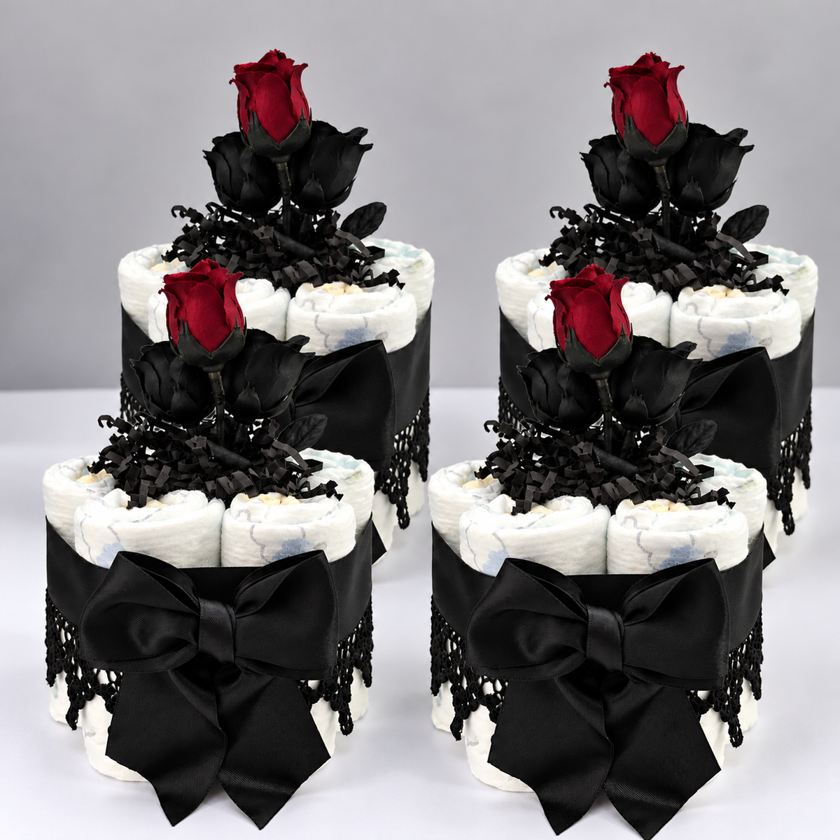 Elegant Gothic Rose Diaper Cake Centerpieces | Decorations