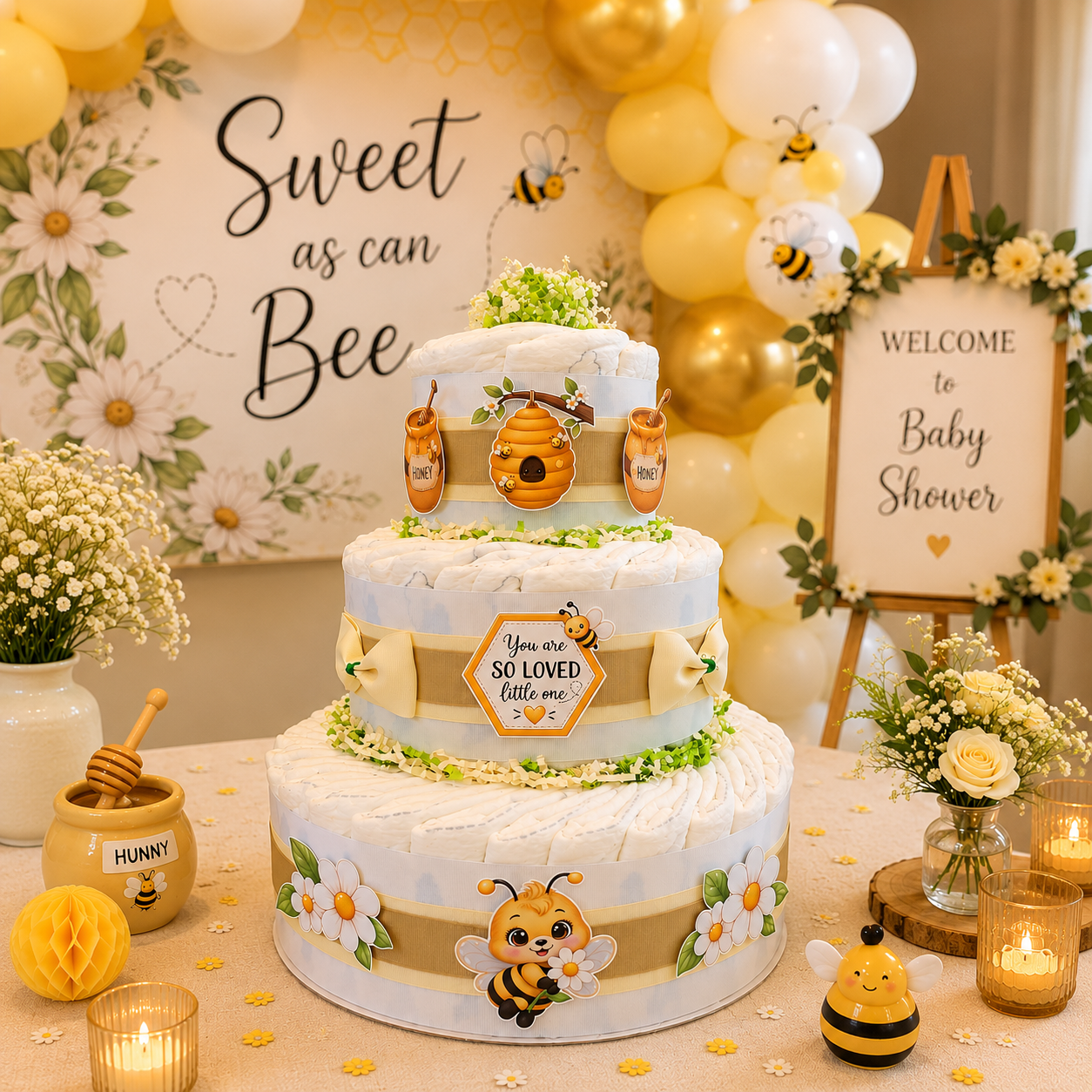 Sweet as Can Bee three-tier diaper cake made with premium Size 1 diapers, soft neutral ribbons, adorable bee, honey and floral decorations, displayed at a beautiful bee-themed baby shower