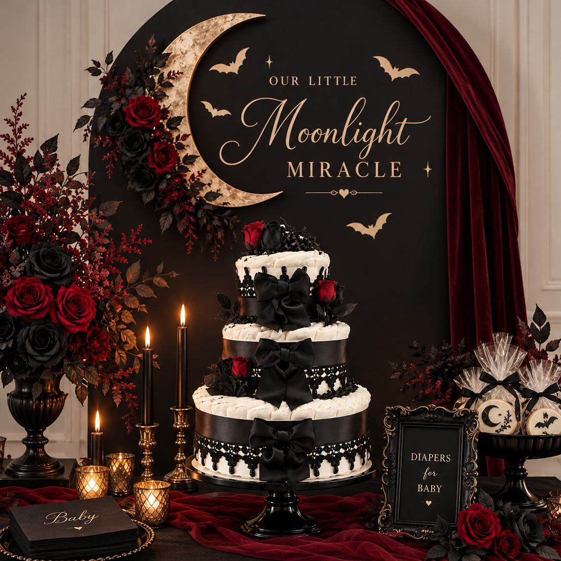Elegant Gothic Baby Diaper Cake – Black Lace & Burgundy Roses