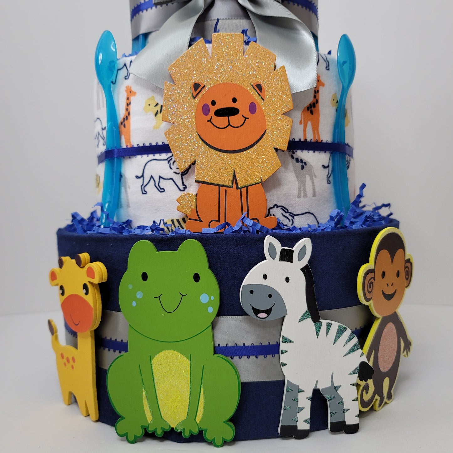 Blue Jungle Safari Animals Baby Shower Diaper Cake