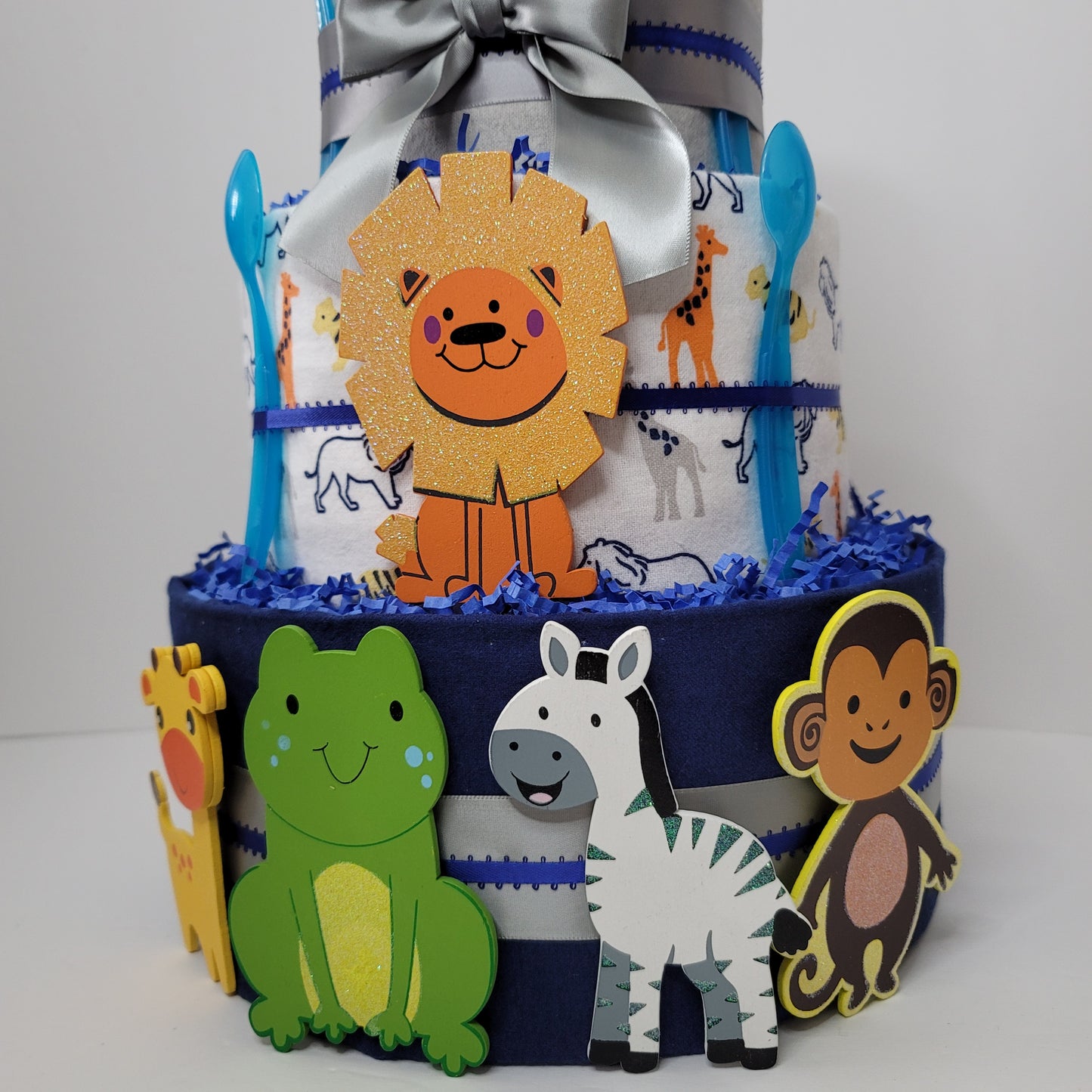 Blue Jungle Safari Animals Baby Shower Diaper Cake