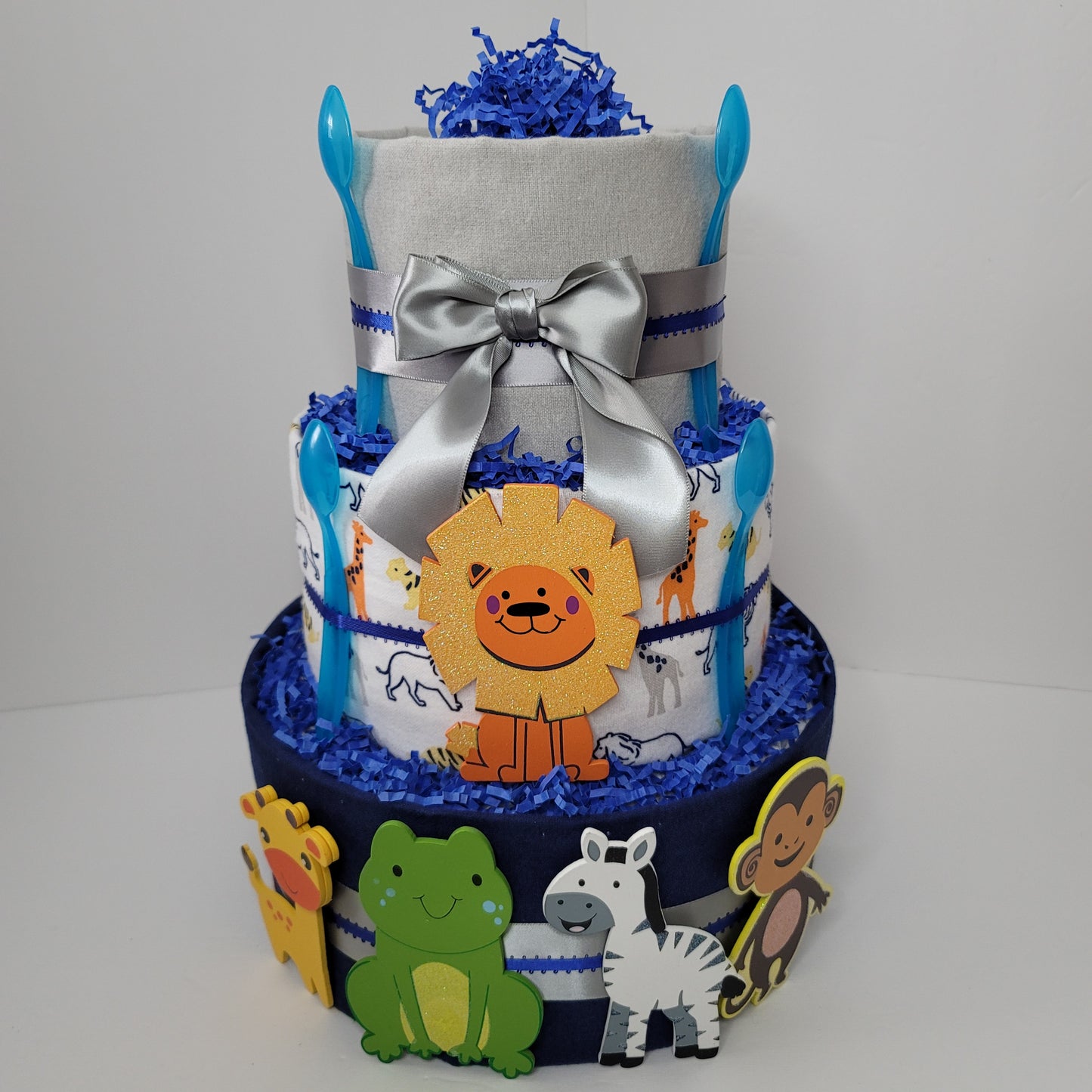 Blue Jungle Safari Animals Baby Shower Diaper Cake