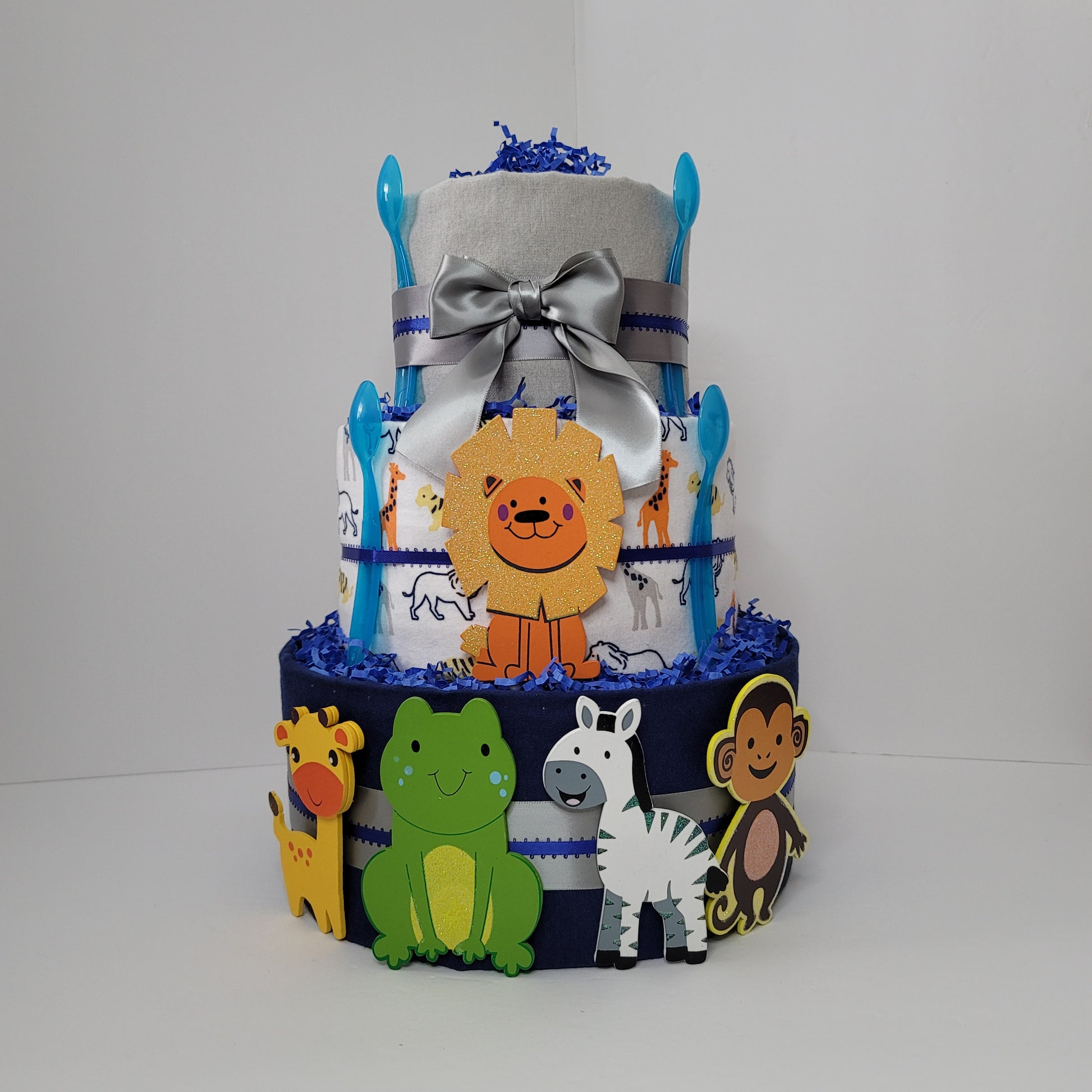 Blue Jungle Safari Animals Baby Shower Diaper Cake