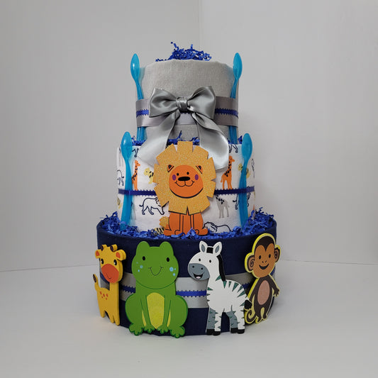 Blue Jungle Safari Animals Baby Shower Diaper Cake