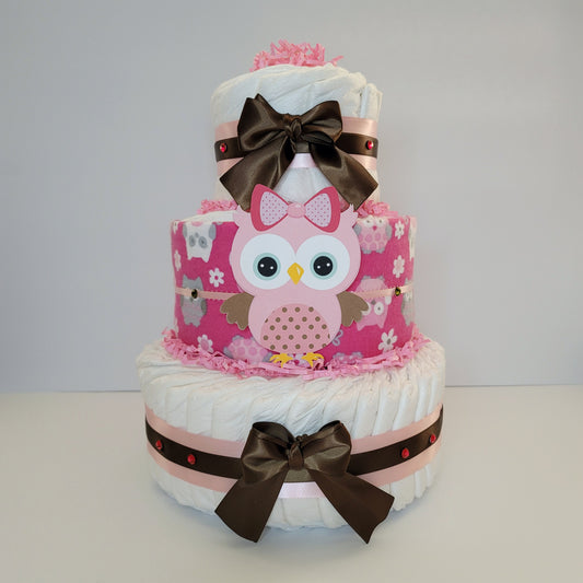 Pink Owl Baby SHower Diaper Cake for Girls