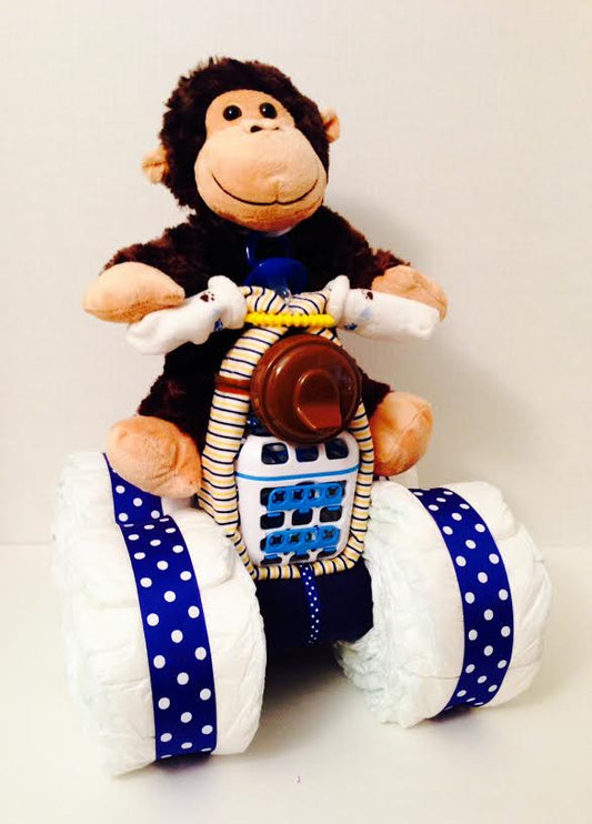 Monkey on a Quad Motorcycle Diaper Cake Creation for Boys - Baby Shower Centerpiece - Baby Gift - Nursery Décor