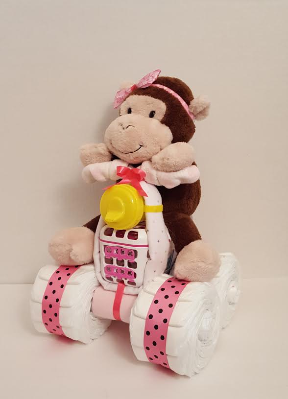 Monkey on a Quad Motorcycle Diaper Cake Creation for Girls - Baby Shower Centerpiece - Baby Gift - Nursery Décor