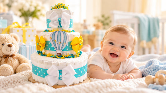 aHot air balloon diaper cake with teal ribbons and yellow bows beside a smiling baby in a sunny nursery