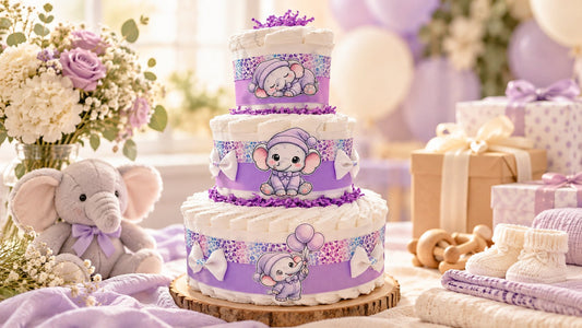 aLavender elephant diaper cake on a baby shower table with flowers, gifts, a plush elephant and baby booties