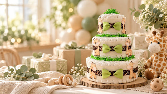 aGiraffe diaper cake with green bows on a baby shower table with sage balloons, gifts and a plush giraffe