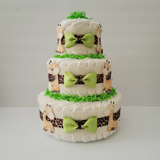 Giraffe Baby diaper cake with three tiers, giraffe-print ribbon, lime green bows and green crinkle paper