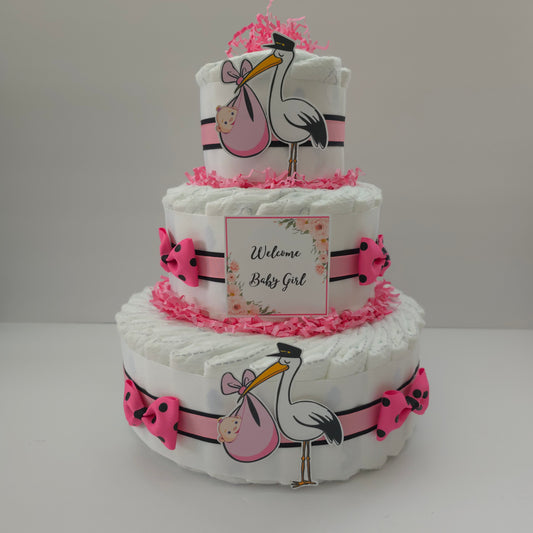 Stork Baby SHower DIaper Cake Gift Centerpiece Newborn Baby Girl Party