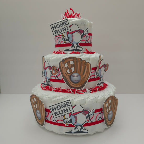 Little Slugger Baseball diaper cake with three tiers, baseball-print ribbon, red crinkle paper, baseball glove cutouts and Home Run signs