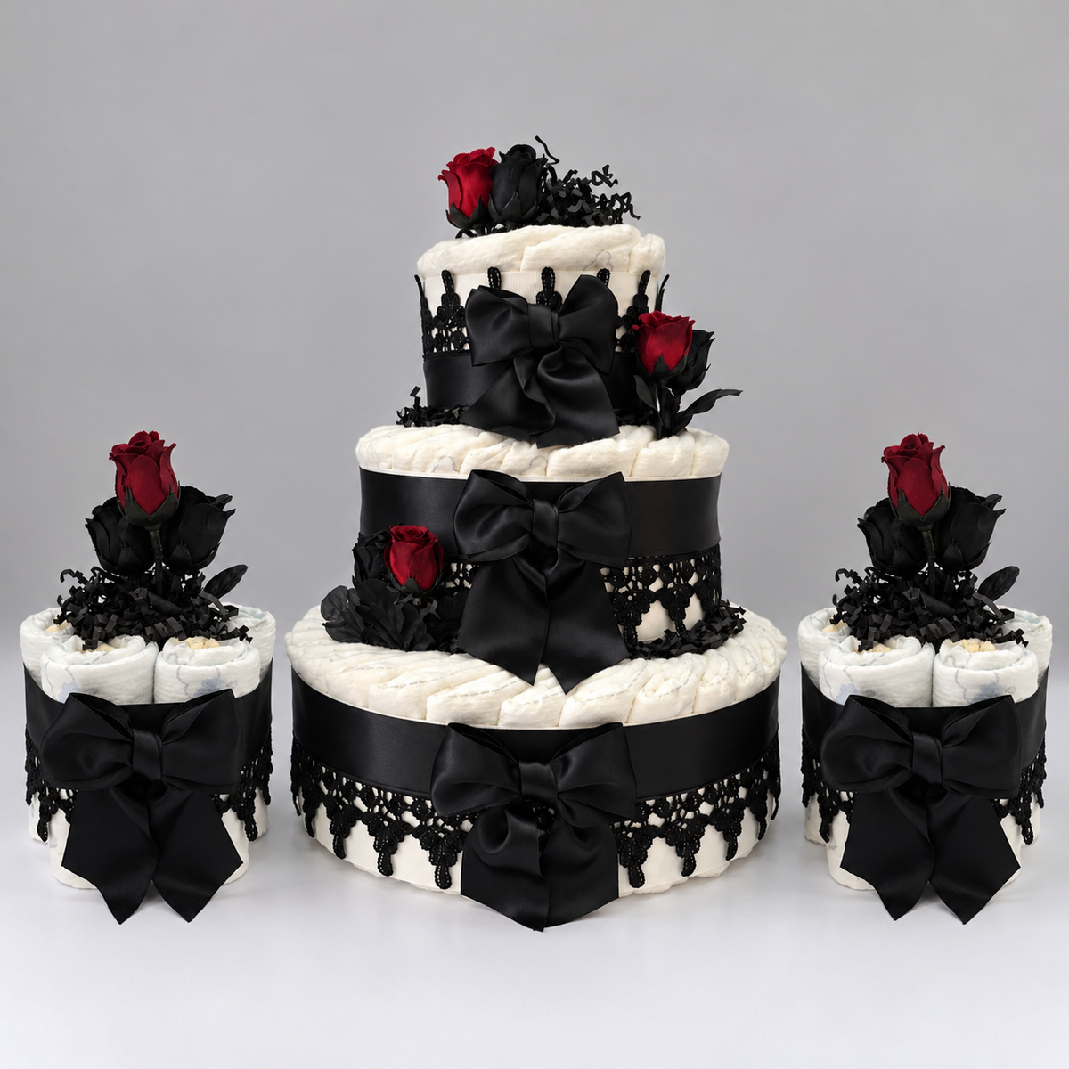 Elegant Gothic Rose Diaper Cake Combination | 3-Tier Cake + 2 Centerpieces