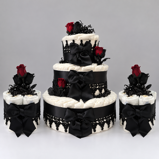 Elegant Gothic Rose Diaper Cake Combination | 3-Tier Cake + 2 Centerpieces