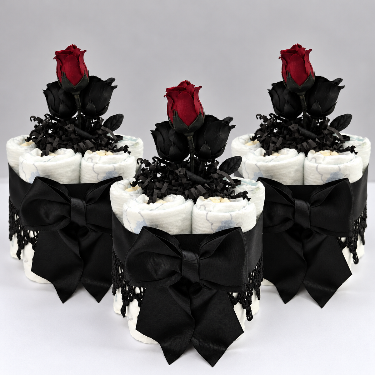 Elegant Gothic Rose Diaper Cake Centerpieces | Decorations