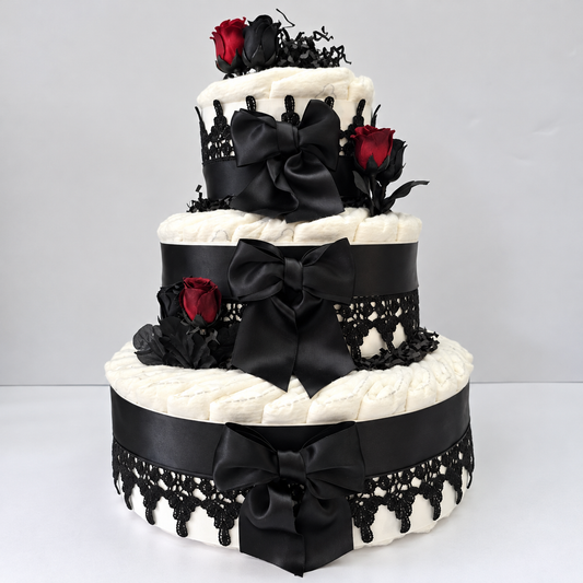 3-tier Gothic baby shower diaper cake with 50 premium diapers, black satin bows, lace trim, and burgundy and black roses by Fine Diaper Cakes.