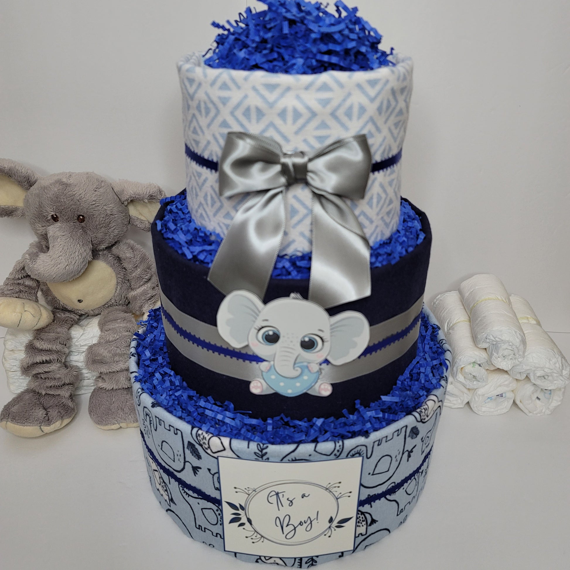 Baby Elephant Diaper Cake Blue Baby Shower Diaper Cake