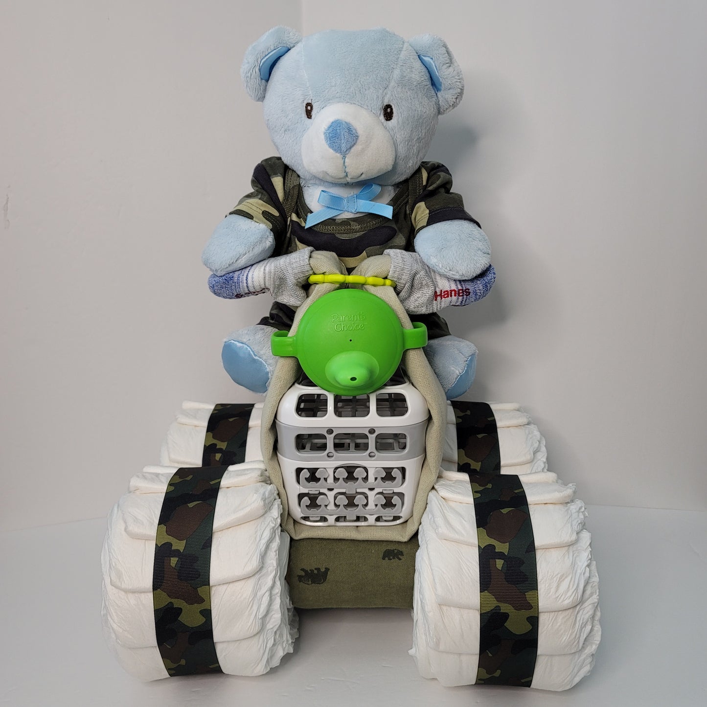 Bear on an Army Quad Baby Shower Diaper Cake Creation