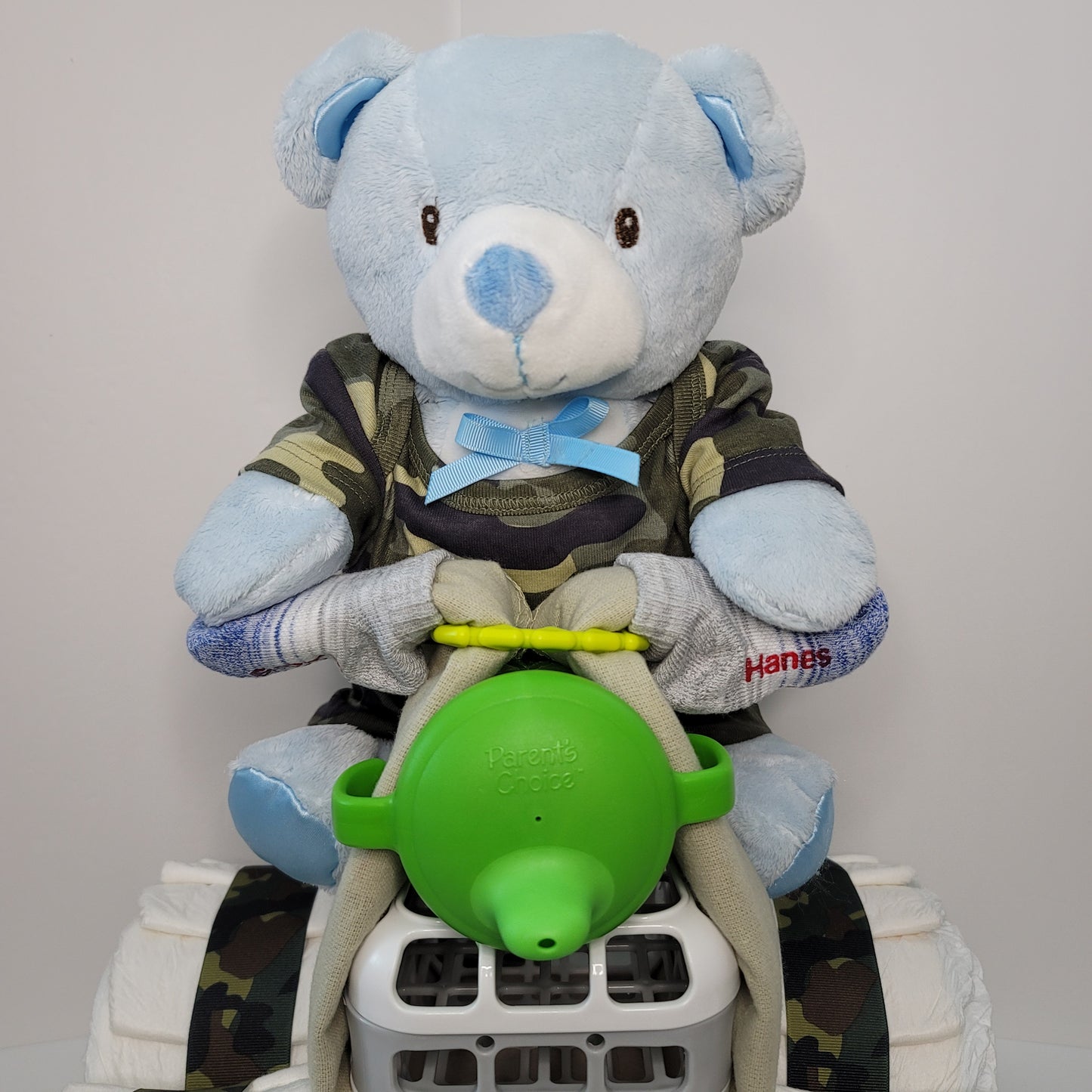 Bear on an Army Quad Baby Shower Diaper Cake Creation