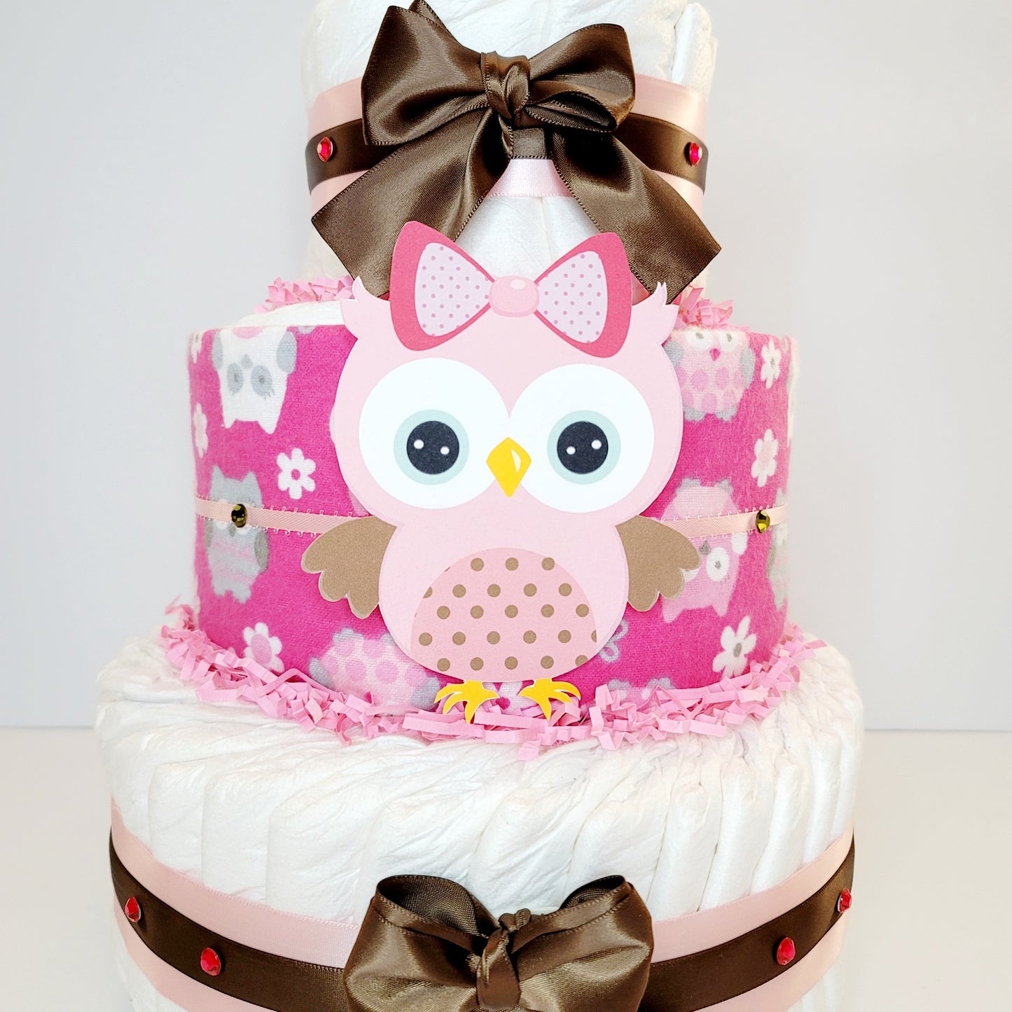 Pink Owl Baby SHower Diaper Cake for Girls