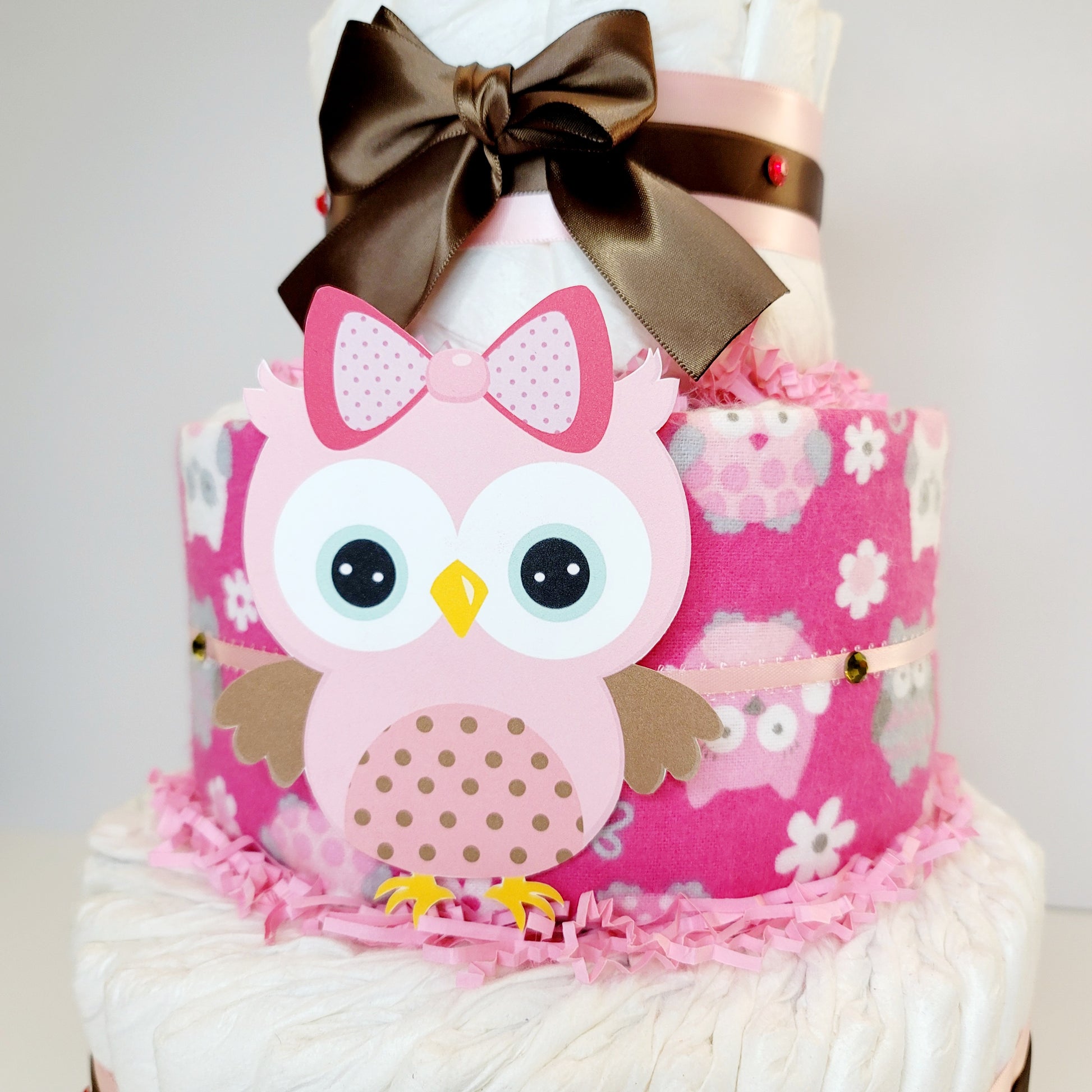 Pink Owl Baby SHower Diaper Cake for Girls
