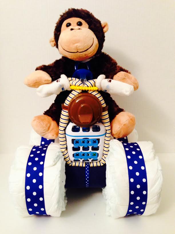 Monkey on a Quad Motorcycle Diaper Cake Creation for Boys - Baby Shower Centerpiece - Baby Gift - Nursery Décor