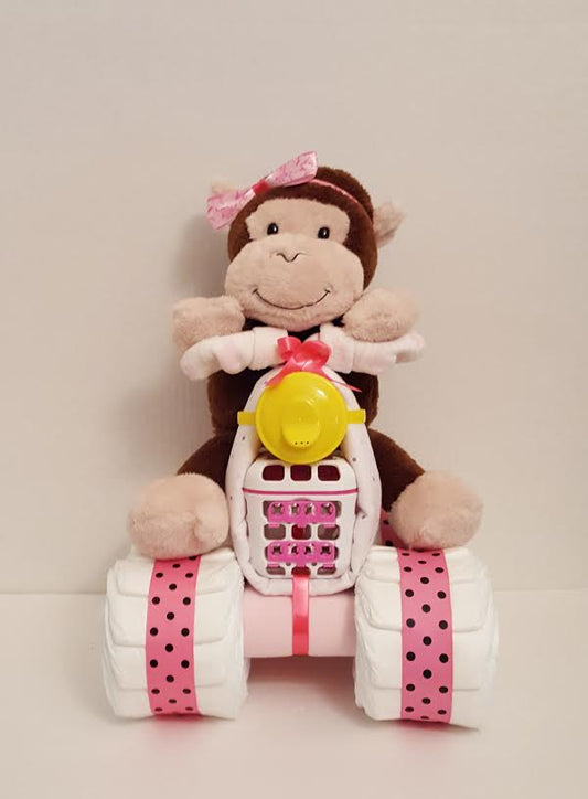 Monkey on a Quad Motorcycle Diaper Cake Creation for Girls - Baby Shower Centerpiece - Baby Gift - Nursery Décor