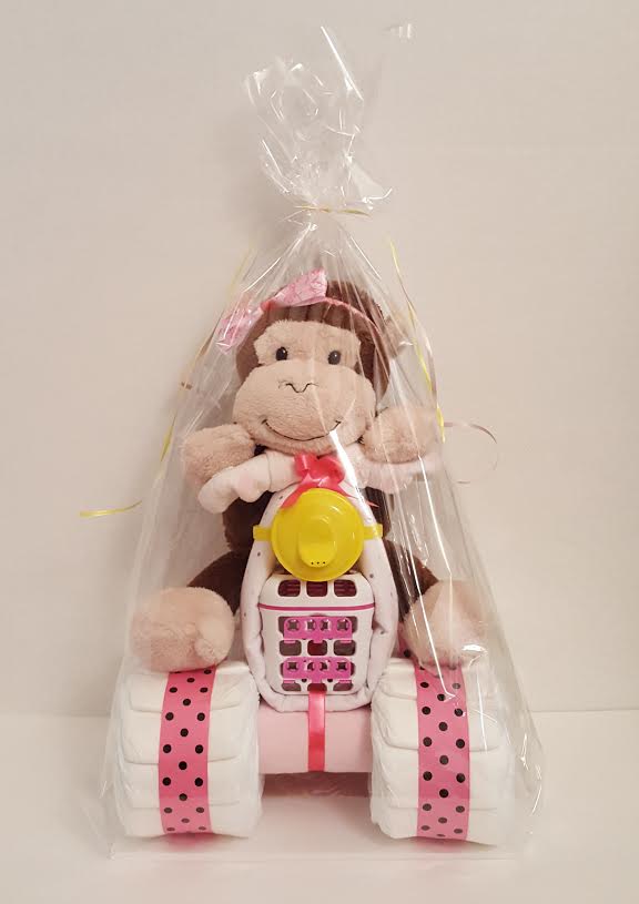 Monkey on a Quad Motorcycle Diaper Cake Creation for Girls - Baby Shower Centerpiece - Baby Gift - Nursery Décor